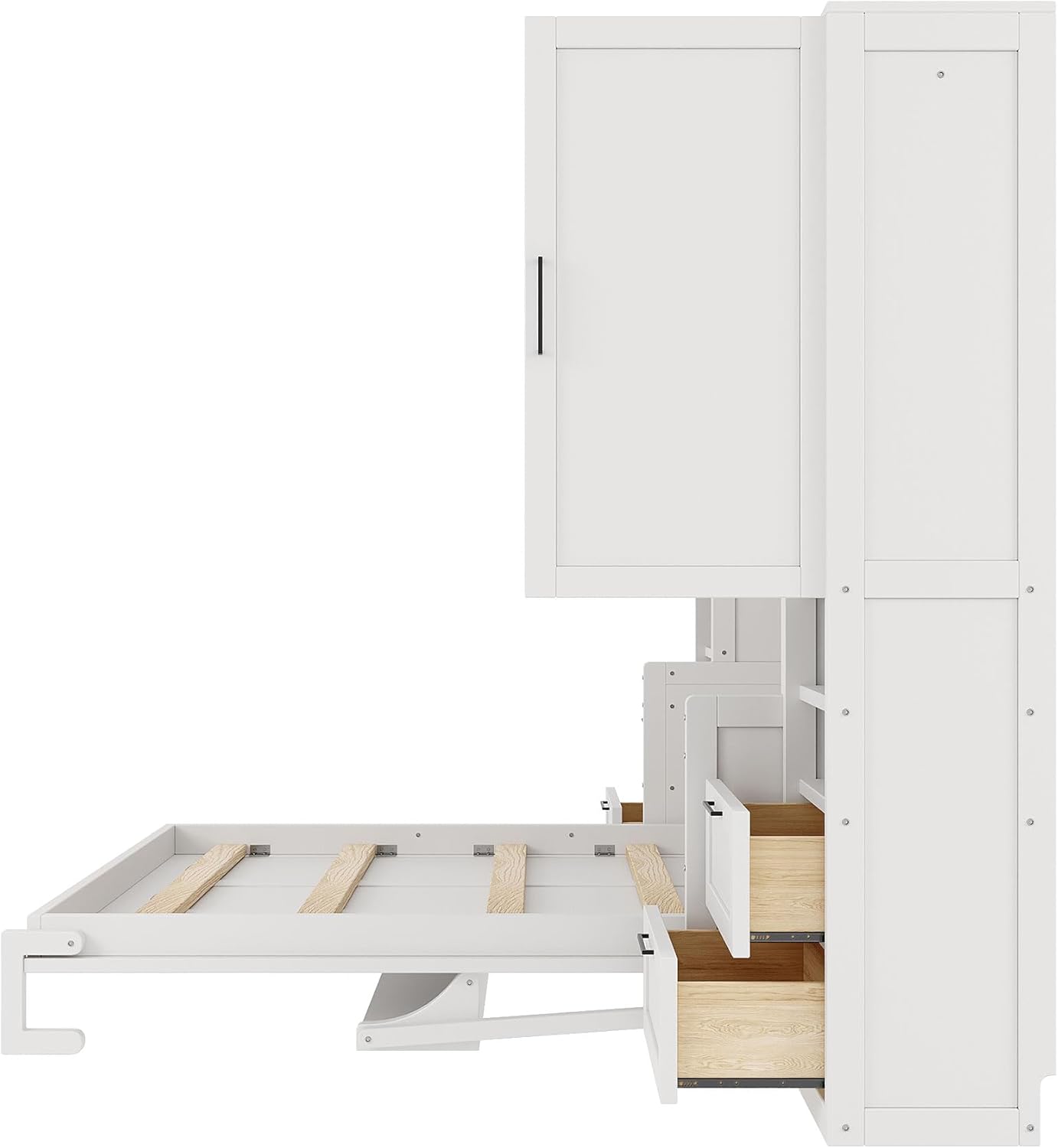 Merax Queen Size Murphy Bed with Desk, Multifunctional Foldable Wall Bed with Closet, Drawers and Shelves, Space-Saving Wood Platform Bed Frame for Small Spaces Studio Study Office Guest Room, White