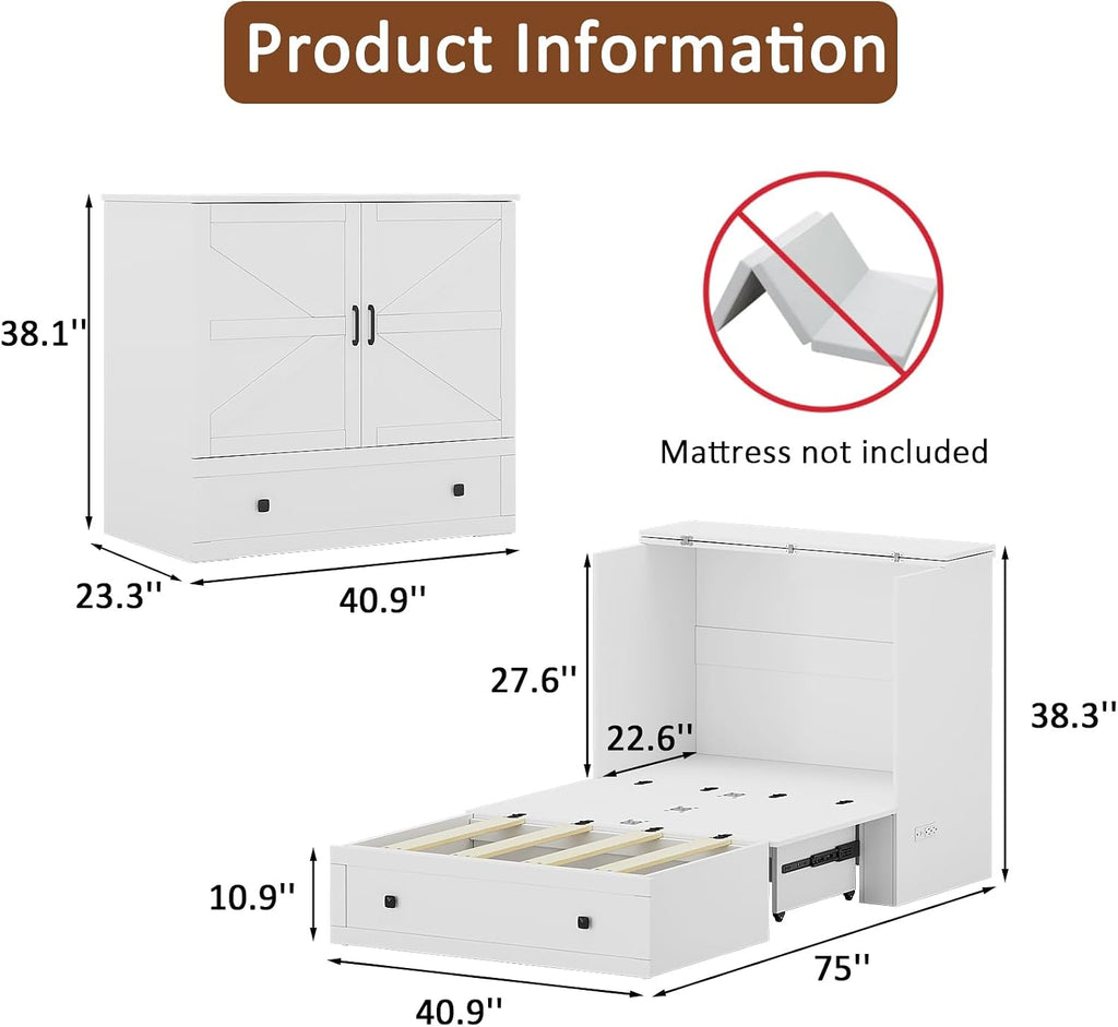 LIVAUVEAD Murphy Bed with Built-in Charging Station, Space-Saving Murphy Bed Chest Twin with Drawer, Foldable, for Home Office Guest Room Bedroom White