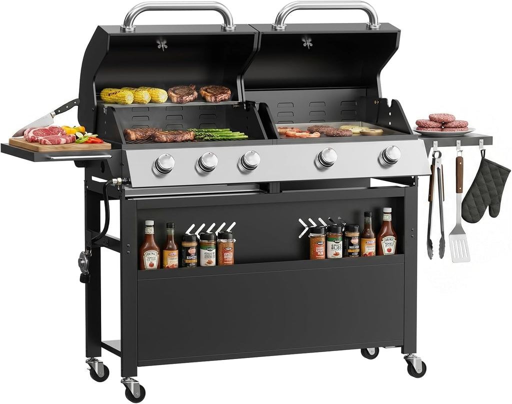 Belord 2-in-1 Grill Griddle Combo, 5 Burner Flat Top Griddle & Grill with 40000 BTU Output, Propane Gas Grill with Enameled Cast Iron Grate & Cast Iron Pan for Outdoor Kitchen, Backyard Barbecue