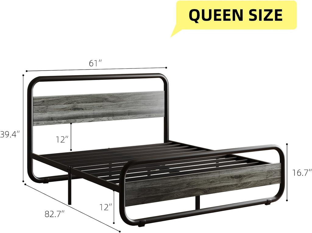 Catrimown Queen Bed Frame with LED Lights, Heavy Duty Metal Rustic Platform Bed Frame Queen Size with Headboard, Noise Free, No Box Spring Needed, Wash Gray