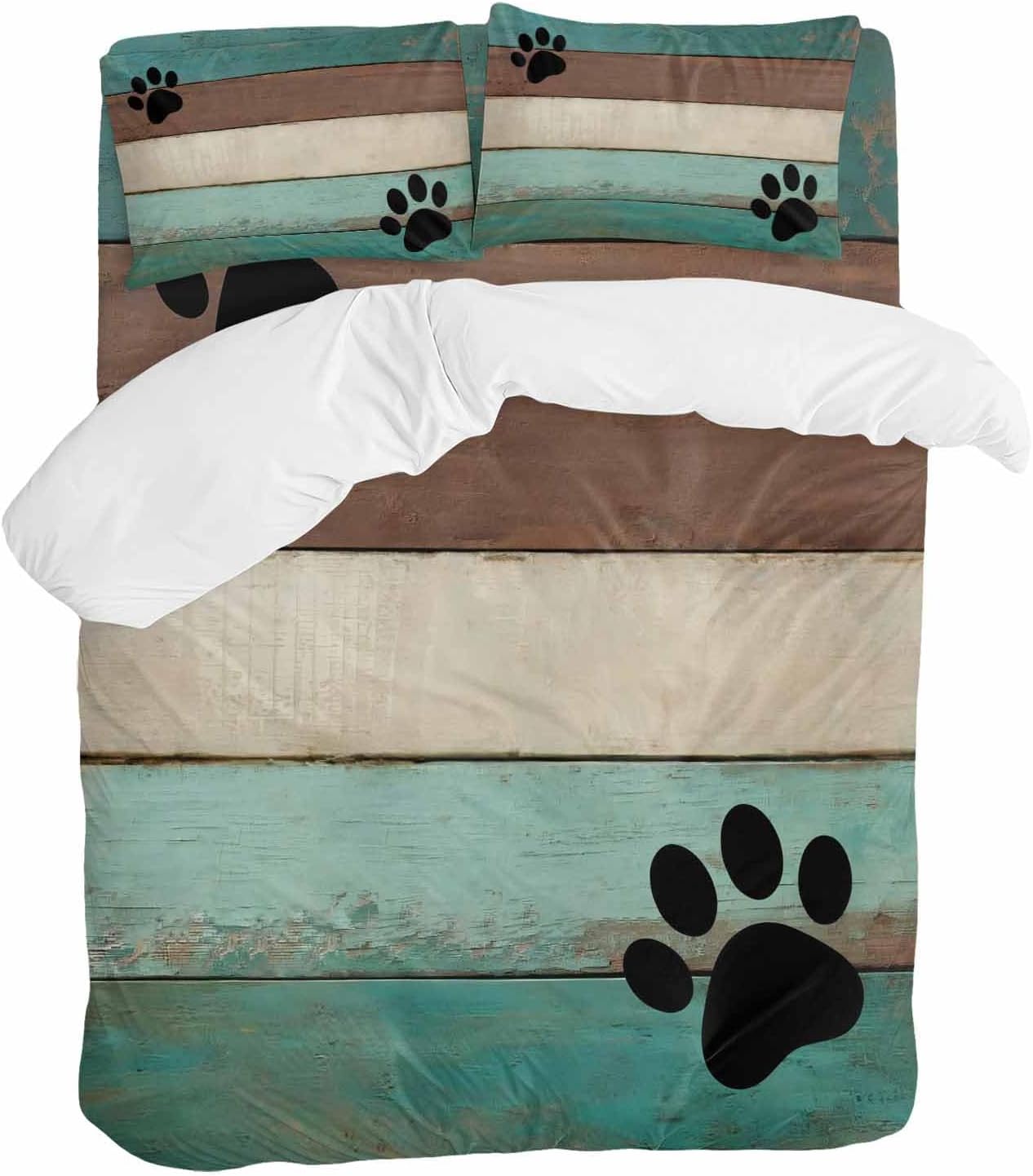 Farmhouse Duvet Cover Set Queen Size 4 Pieces Cute Animal Claws Vintage Green Brown Wood Grain Bedding Set with Zipper Closure, 1 Comforter Cover 92x106 Inches 1 Flat Sheet & 2 Pillow Cases