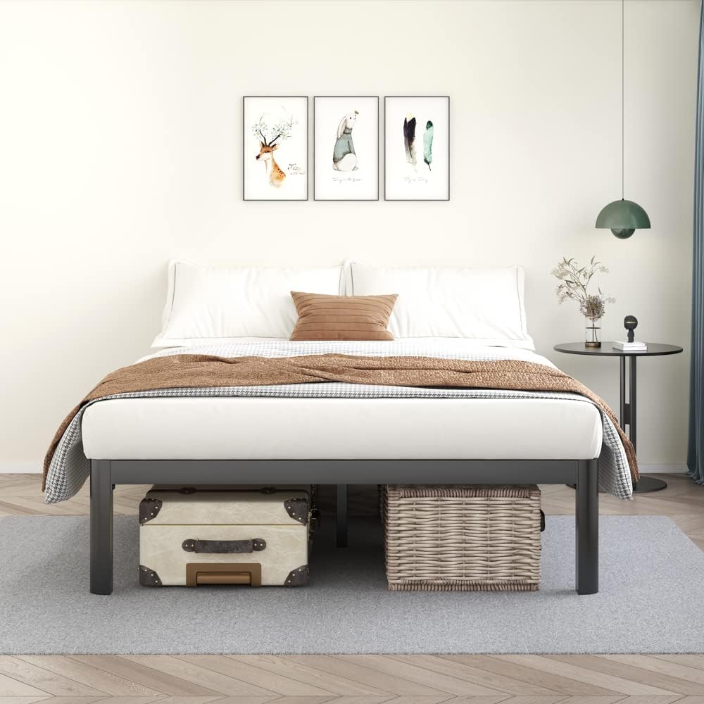 MAF Metal 18 Inch Queen Platform Bed Frame with Anti-Collision Round Legs, Black 3500 Lbs Heavy Duty Bed Frame with Wood Slats, No Box Spring Needed, Easy Assembly