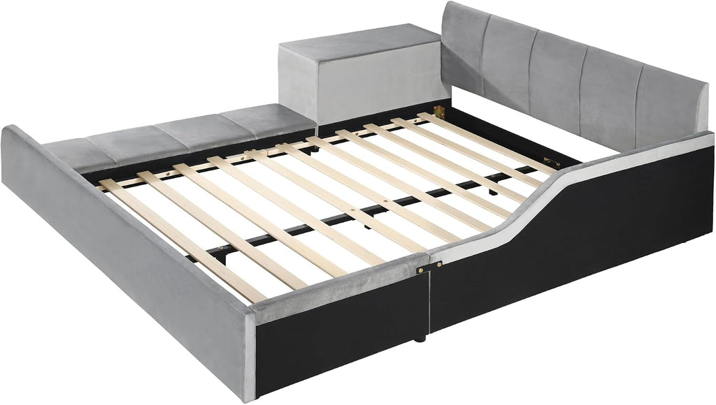 Merax Full Size Upholstered Grounded Bed, Mother & Child Bed with Bedside Desk and Little Round Stool, Velvet, Gray