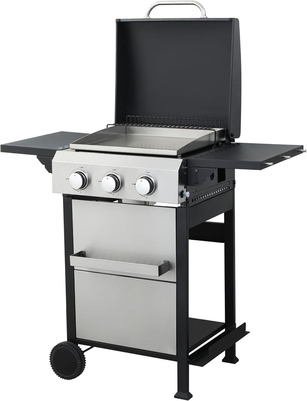 3-Burner Propane Gas BBQ Grill with SS Plancha, 36,900BTU Output with Hanging Basket, Barbecue Grill with Fixed Side Shelf, Foldable Side Tables, Wire Enamel Cooking Grids for Outdoor Backyard Party
