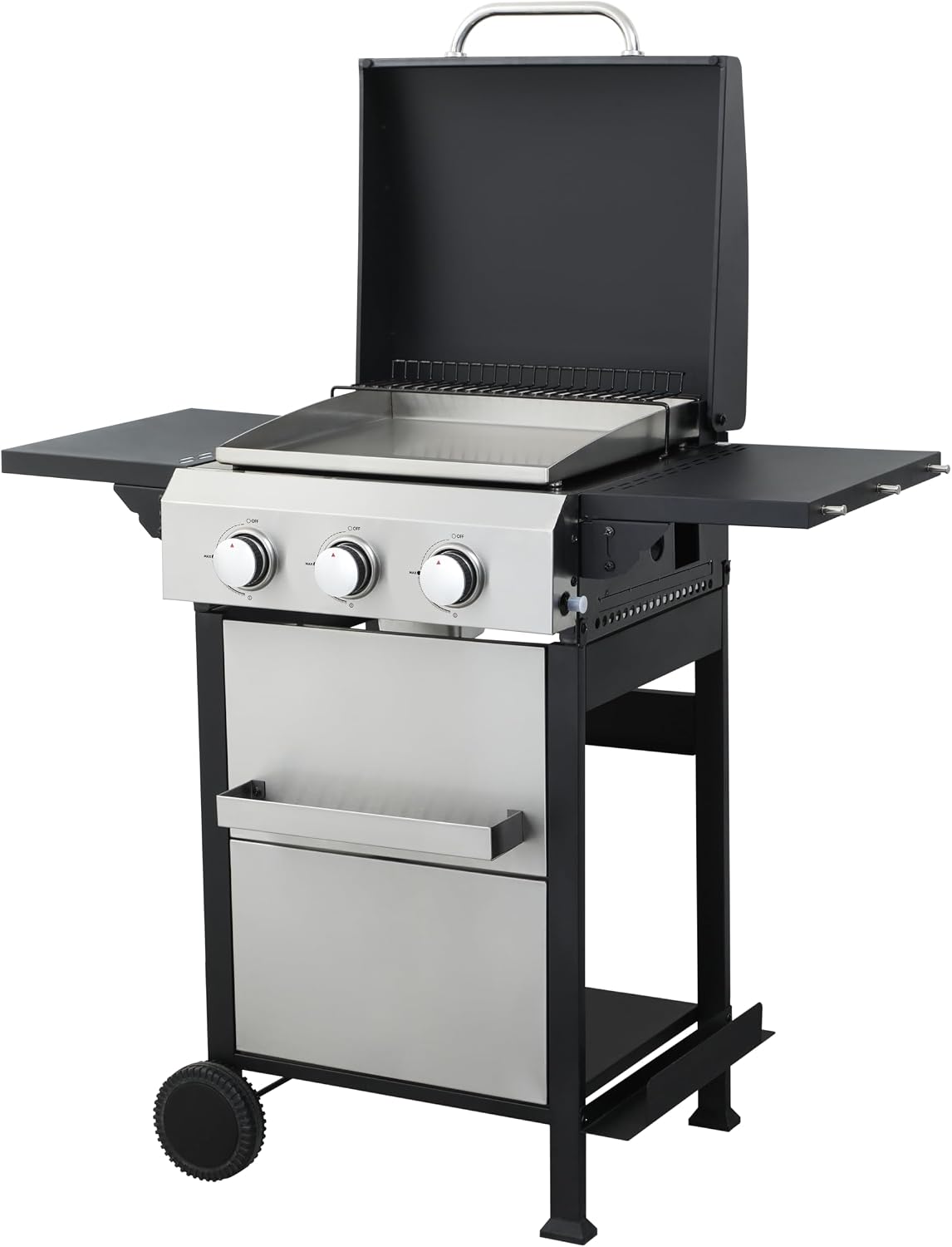3-Burner Propane Gas BBQ Grill with SS Plancha, 36,900BTU Output with Hanging Basket, Barbecue Grill with Fixed Side Shelf, Foldable Side Tables, Wire Enamel Cooking Grids for Outdoor Backyard Party
