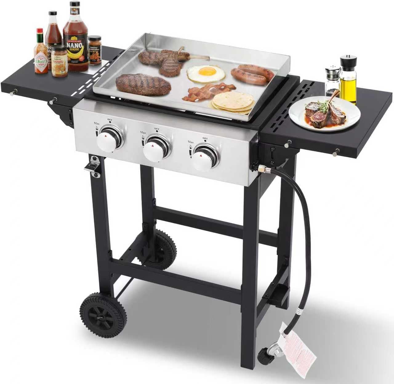 Flat Top Gas Griddle Grill with Stainless Steel Griddle, Includes Dust Cover & Regulator, Perfect for Camping & Tailgating (3-Burner)