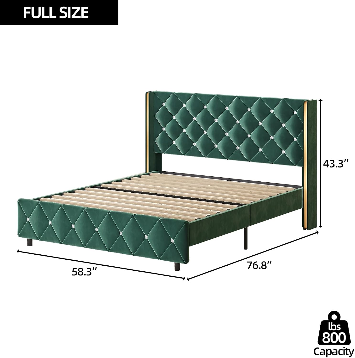 HOMBCK Full Bed Frame with Headboard, Velvet Upholstered Bed with Diamond Tufted Design, Mordern Bed Frame with Wingback and Wooden Slats Suppor, No Box Spring Required, Easy Assembly, Green