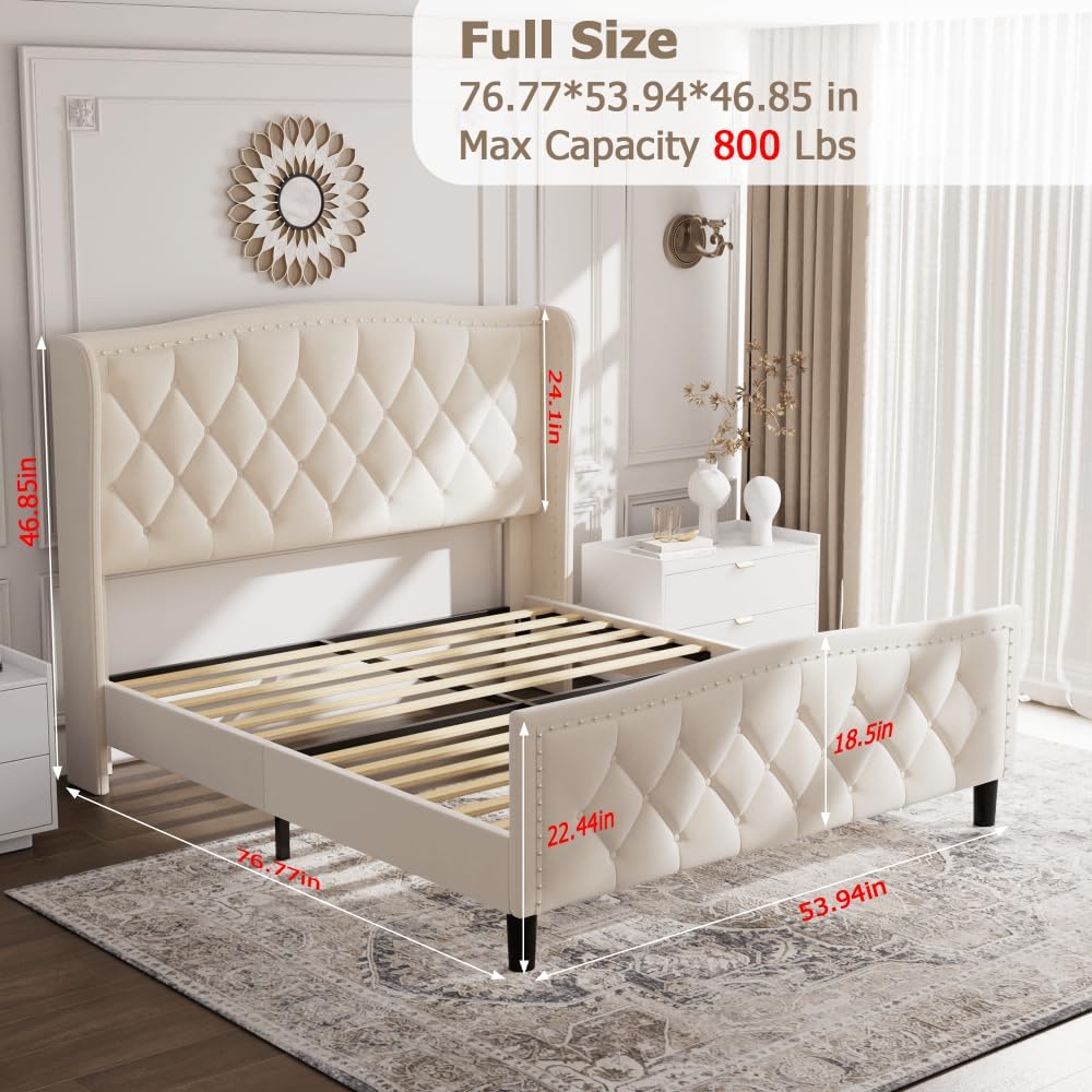 GarveeHome Full Size Bed Frame, Velvet Upholstered Full Size Platform Bed with Wingback Headboard, Wooden Slat Support, No Box Spring Needed, Easy Assembly, Beige