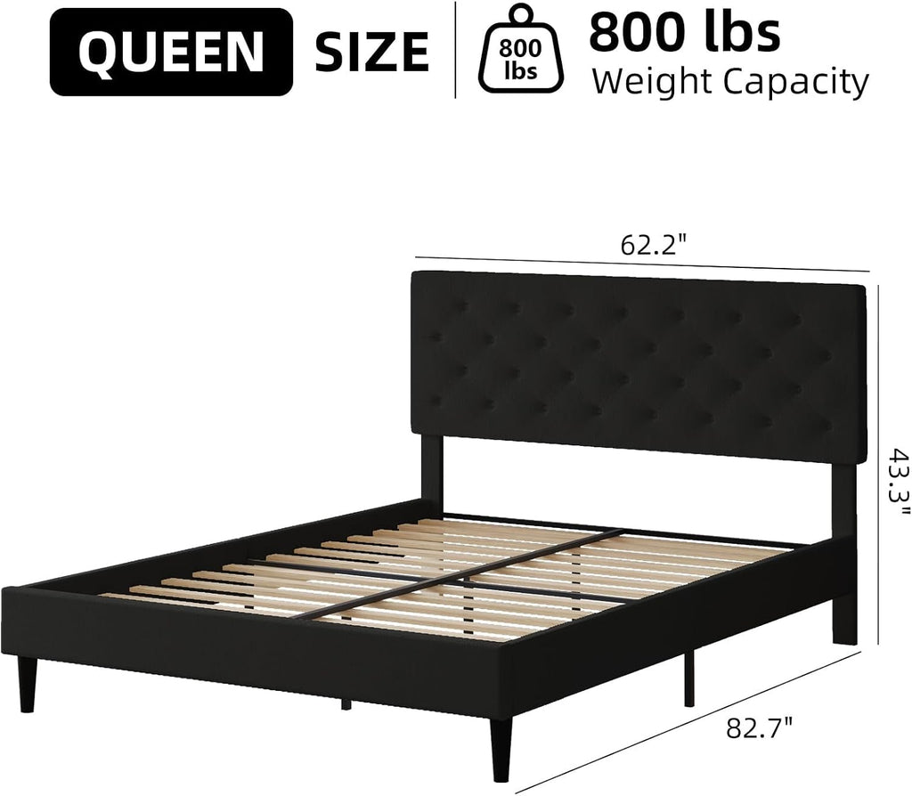 HOMBCK Queen Bed Frame, Linen Fabric Upholstered Platform Bed Frame, Button Tufted Bed Frame Queen Size, Wooden Slat Support, No Box Spring Needed, Easy Assembly, Black