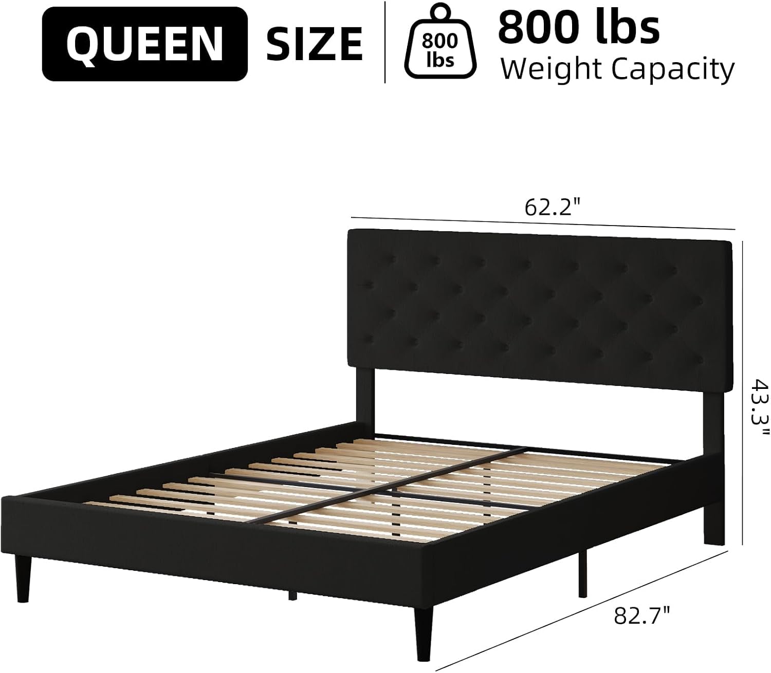HOMBCK Queen Bed Frame, Linen Fabric Upholstered Platform Bed Frame, Button Tufted Bed Frame Queen Size, Wooden Slat Support, No Box Spring Needed, Easy Assembly, Black
