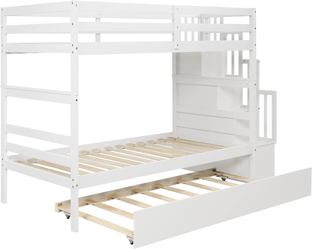 Ball & Cast Twin Over Twin Bunk Beds with Trundle,Wood Bedframe W/Safty Guardrail & Stairway Storage,No Box Spring Needed,Easy Assembly,Multiple Functional Bedroom Furniture for Boy Girl Teens,White