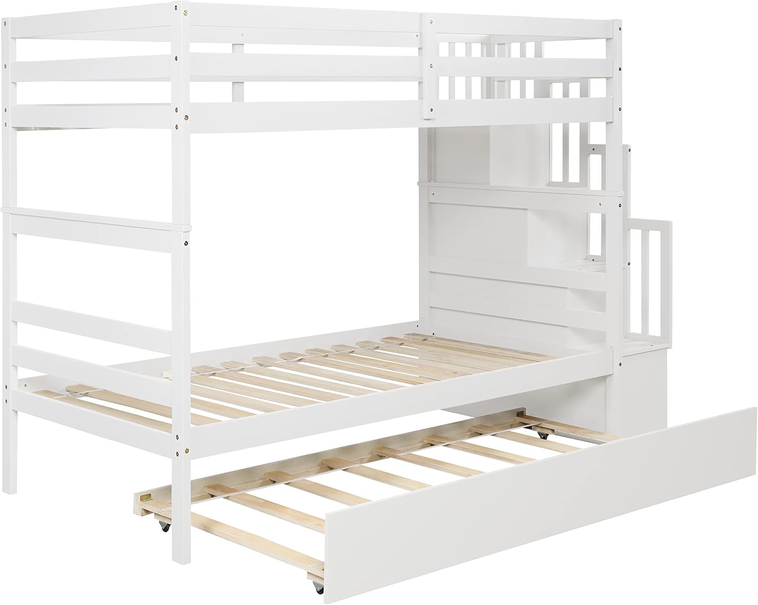 Ball & Cast Twin Over Twin Bunk Beds with Trundle,Wood Bedframe W/Safty Guardrail & Stairway Storage,No Box Spring Needed,Easy Assembly,Multiple Functional Bedroom Furniture for Boy Girl Teens,White
