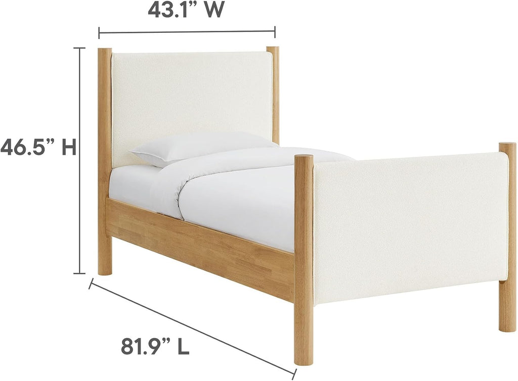 Modway Maven Twin Size Bed Frame in Feather Oak with Upholstered Boucle Headboard and Footboard – Wood Twin Platform Bed Frame – No Box Spring Needed