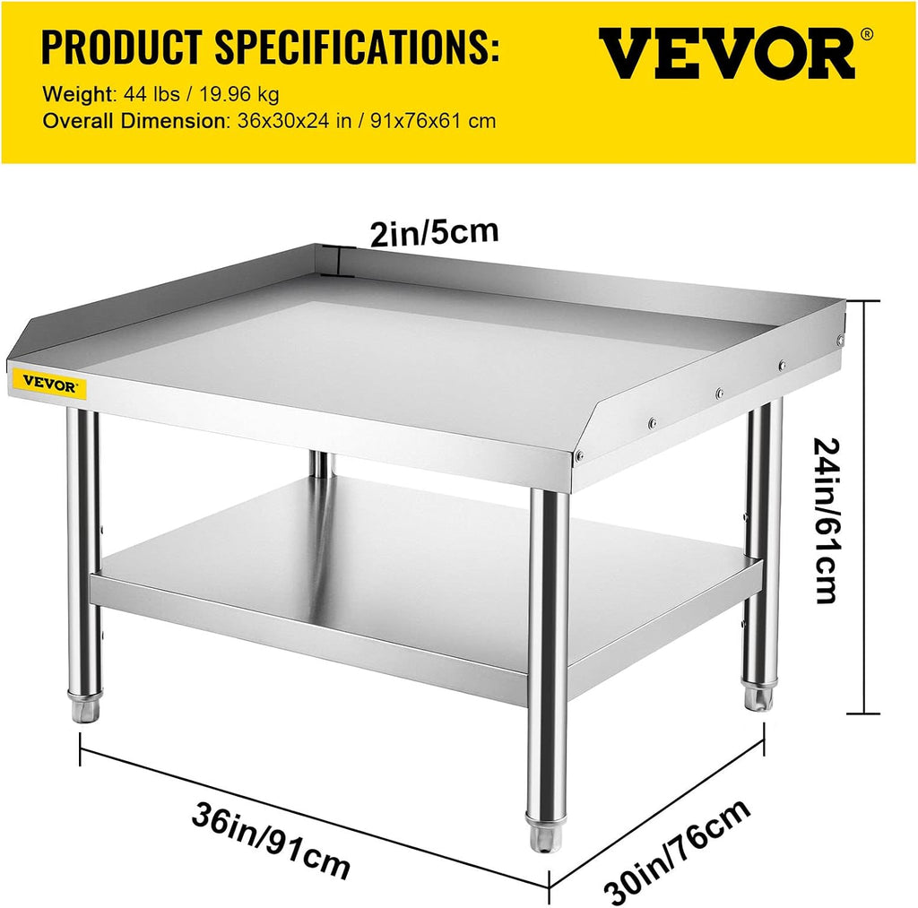 VEVOR Stainless Steel Equipment Grill Stand, 36 x 30 x 24 Inches Stainless Table, Grill Stand Table with Adjustable Storage Undershelf, Equipment Stand Grill Table for Hotel, Home, Restaurant Kitchen