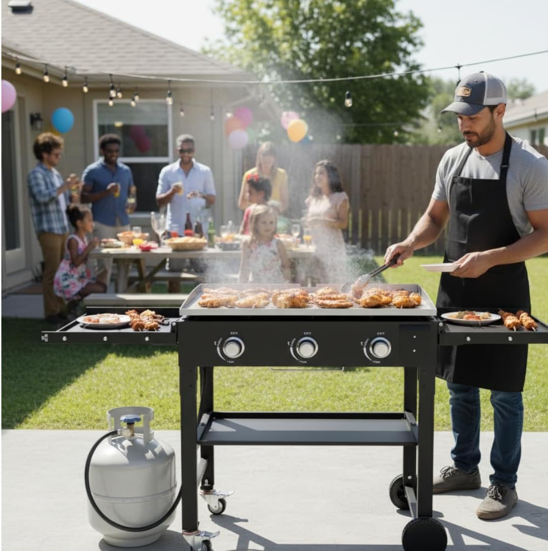 Alpine Cuisine Cast Iron Griddle & 3 Burner Gas Grill Combo, Outdoor Cooking Station with Side Shelves & Wheels | 67' x 24' x 35'