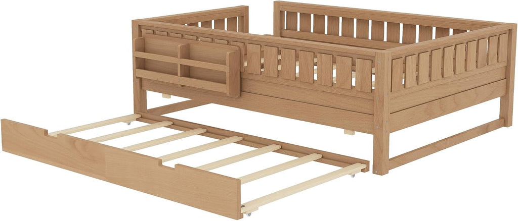 Bellemave Full Bed with Trundle and Stairs, Full Size Platform Bed Frame with Fence and Bookshelf, Easy Assemble Beds for Kids, Girls, Boys, Natural