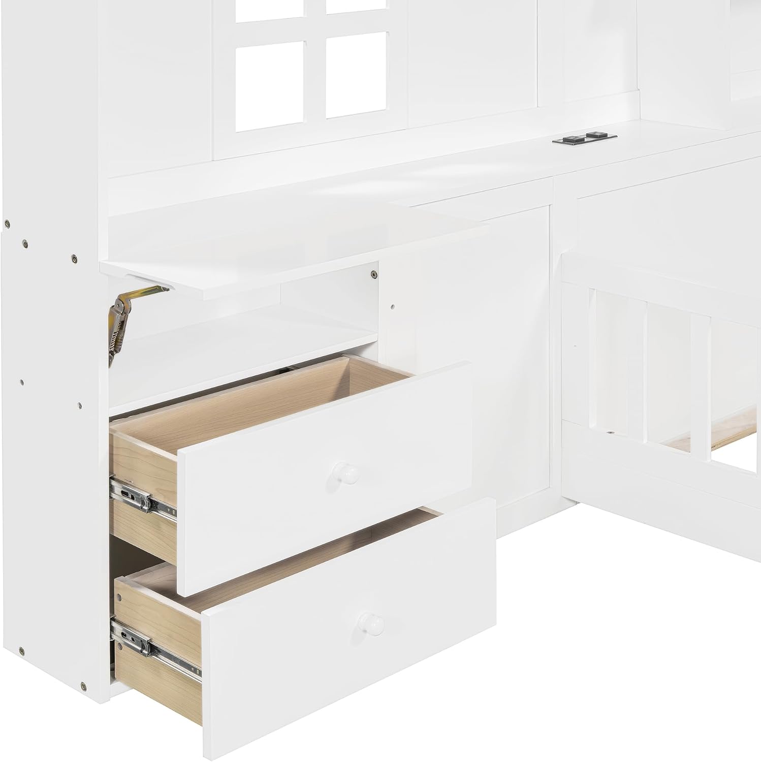 VilroCaz Twin Size Kids Floor Bed with Safety Fence, Solid Wood Montessori Platform Bed with House Shape Headboard with Bedside Drawers, Shelves, Sockets and USB Port for Kids Boys Girls (White-LT1)
