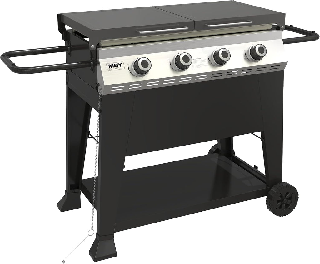 4 Burner Propane Grill with Rainproof Cover 32inch Outdoor Flat Top Griddle Foldable Side Table for Backyards Barbecue