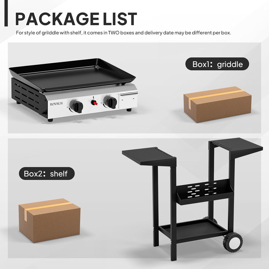 Bonnlo 2 Burner Portable Propane Griddle, 20,000BTU Gas Grill with Enameled Tray, Rolling Flat Top Grill with Electronic Ignition, Side Shelve & Regulator, Ideal for Outdoor Patio Cooking BBQ