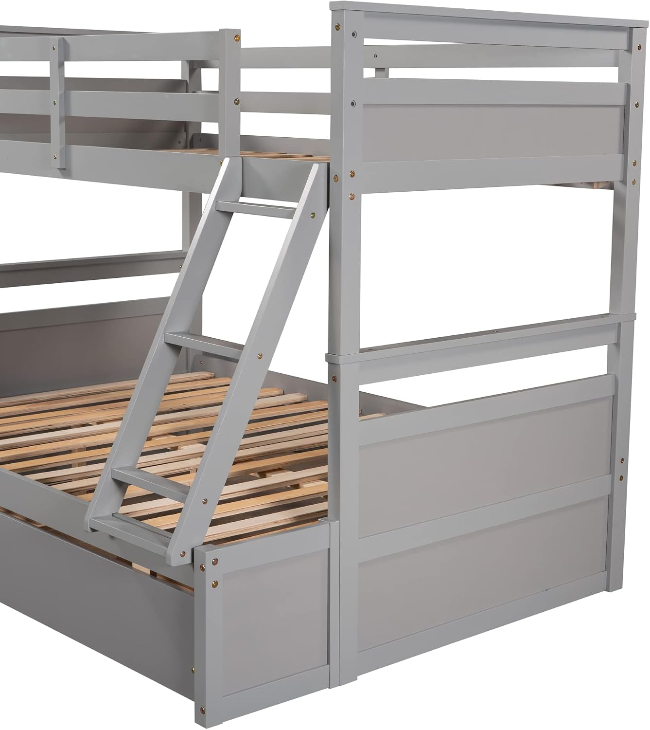Merax Twin Over Full Bunk Bed, Wood Bunk Bed with Removable Ladders and Two Storage Drawers, Convertible into Two Individual Beds (Grey)