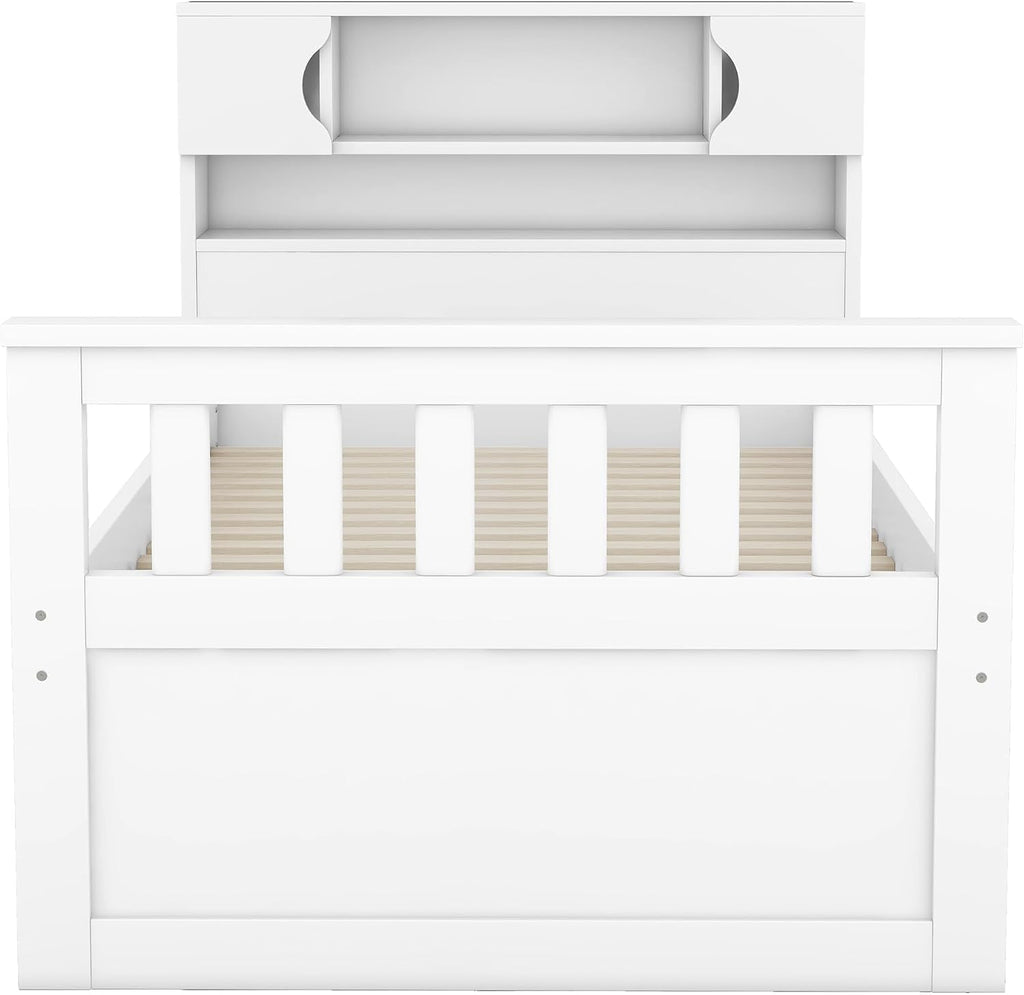 SOFTSEA Twin Size Captains Bed Frame with Storage Drawers, Wood Platform Bed with Bookcase Headboard, Storage Shelves and Doors for Kids Teens, No Box Spring Needed, White