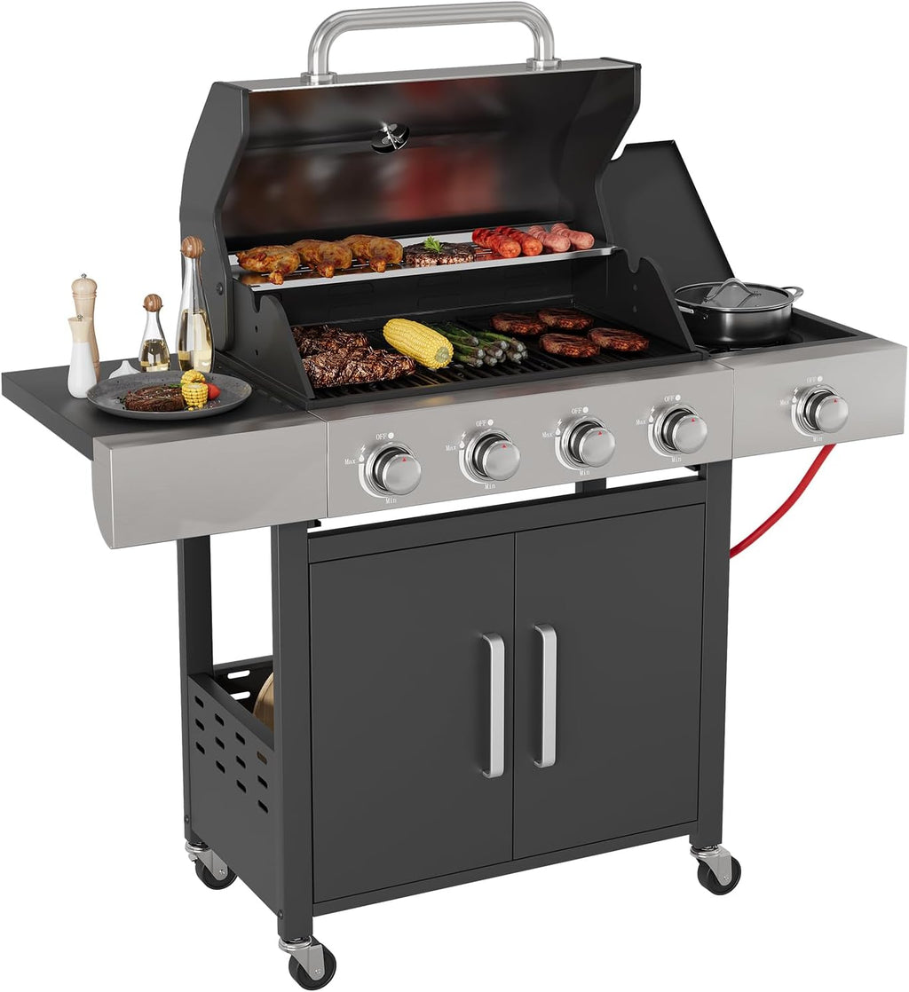 Belord 4-Burner Propane Gas Grills with Side Burner, 44000 BTU Output Stainless Steel Burner Barbecue Grill with Cast Iron Grate & Side Tables, Gas BBQ Grill Propane for Patio Picnic, Outdoor Cooking