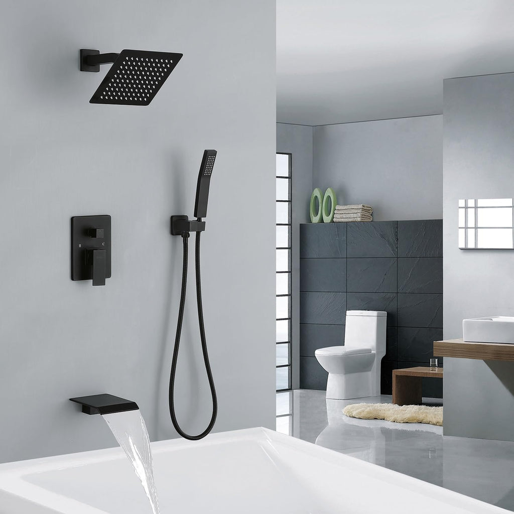 JOYWELL Bathtub Shower System Matte Black with 8 Inch Shower Head and Handheld Shower Tub Faucet Combo
