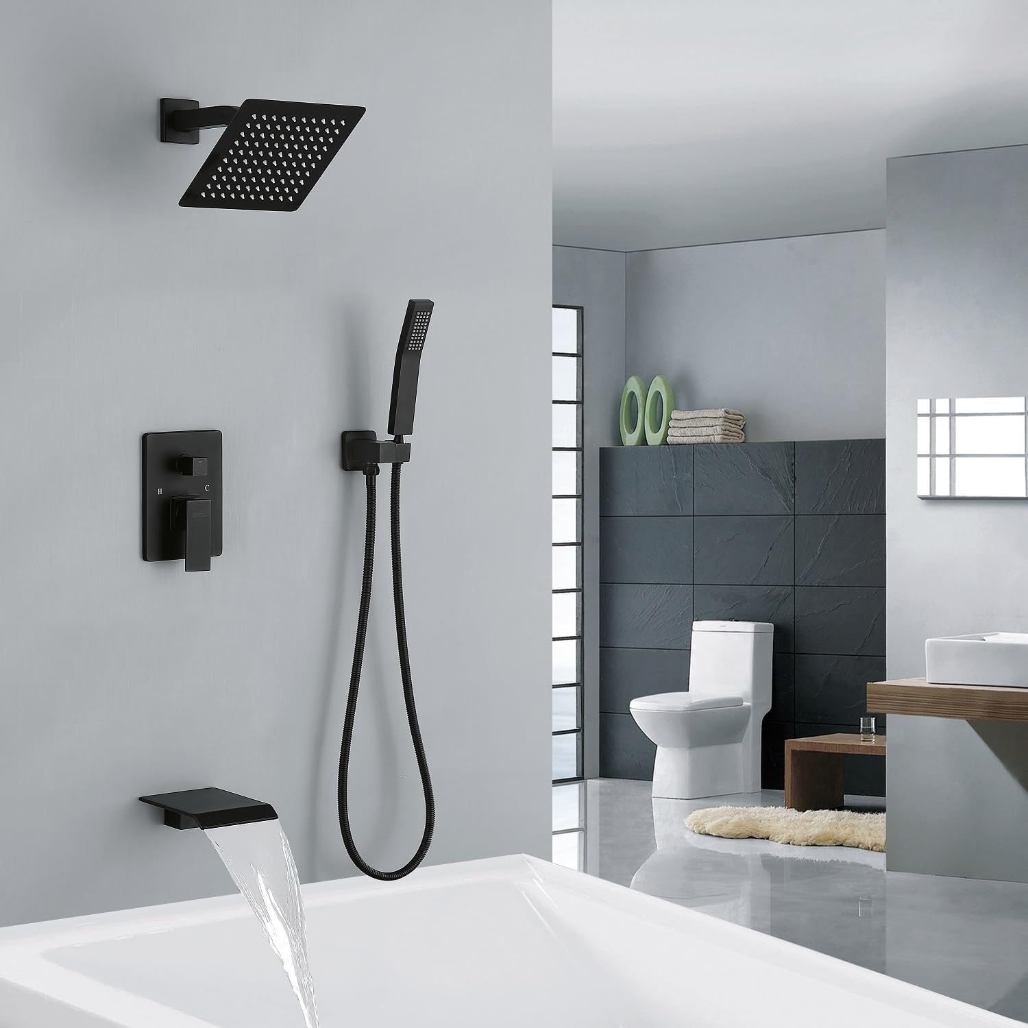 JOYWELL Bathtub Shower System Matte Black with 8 Inch Shower Head and Handheld Shower Tub Faucet Combo