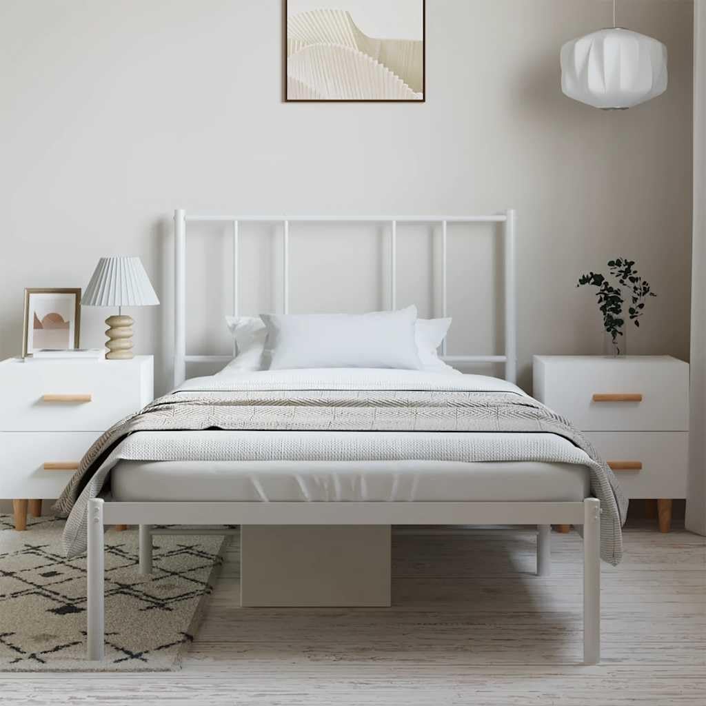 White Powder-Coated Steel Twin Bed Frame with Headboard, Modern Rectangular Design for Single Mattress 39.4x78.7 Inches, Heavy-Duty Construction with Under-Bed Storage, Easy