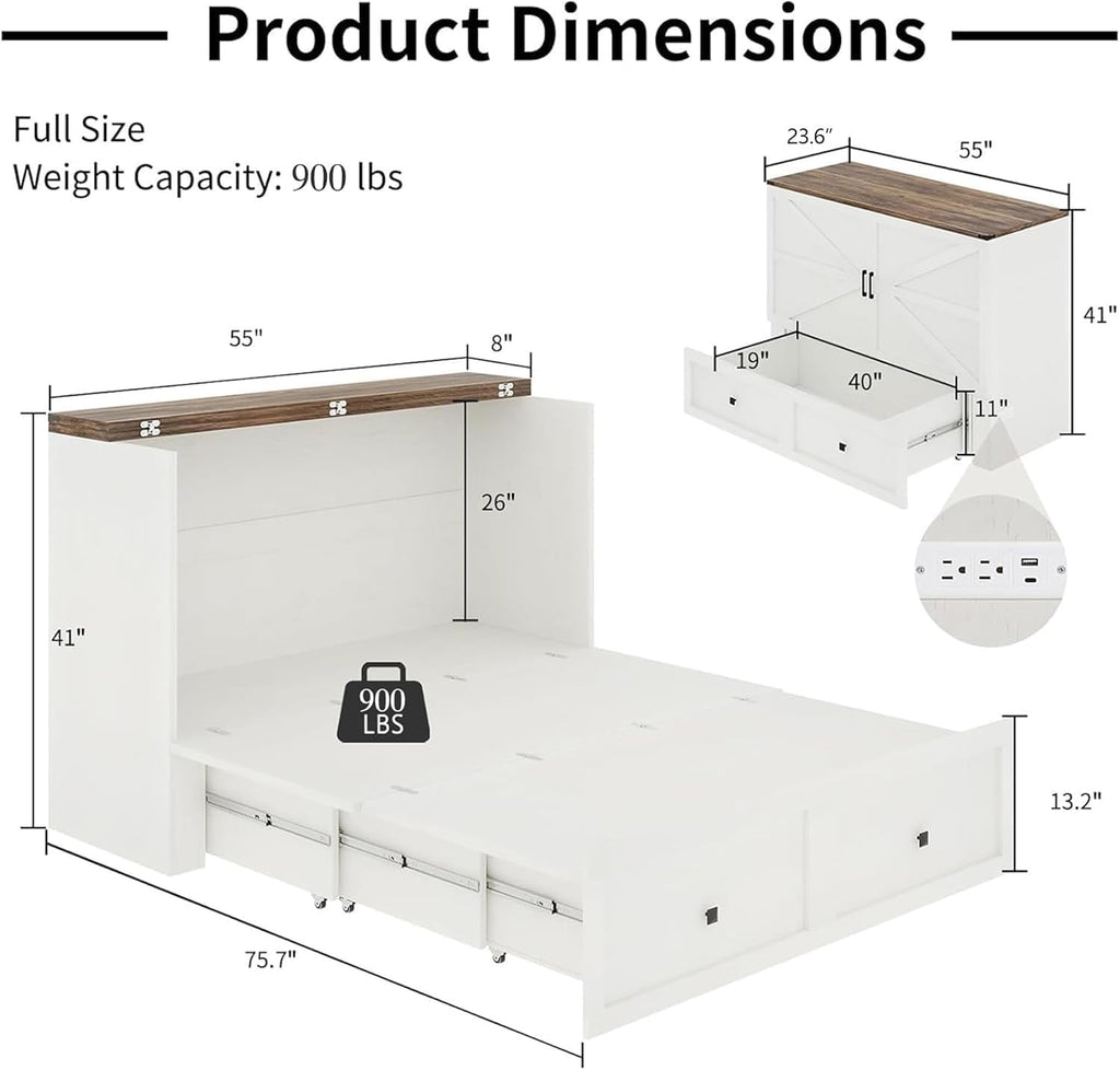 LUXOAK Full Size Murphy Bed with Charging Station, Cabinet Bed with Large Storage Drawer for Home Office or Small Room, Full Foldable Platform Bed, White
