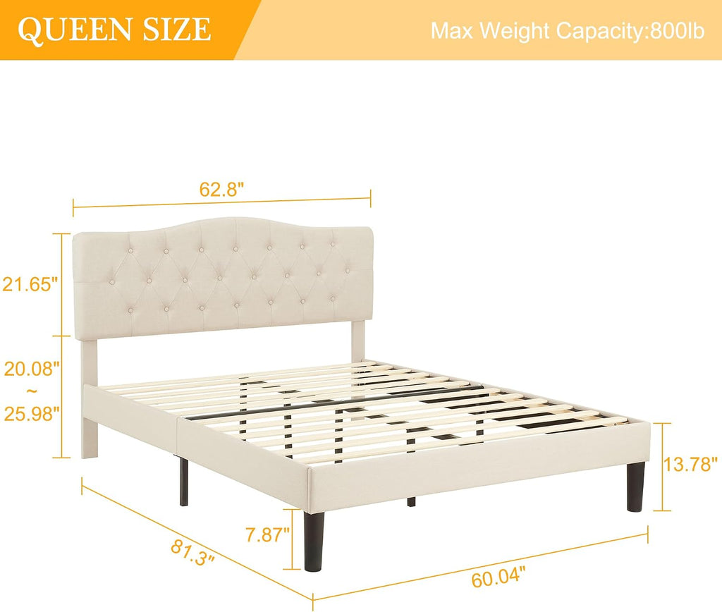 VECELO Queen Size Bed Frame Upholstered Platform with Tufted Adjustable Headboard/Mattress Foundation with Wood Slat Support, Easy Assembly,Beige