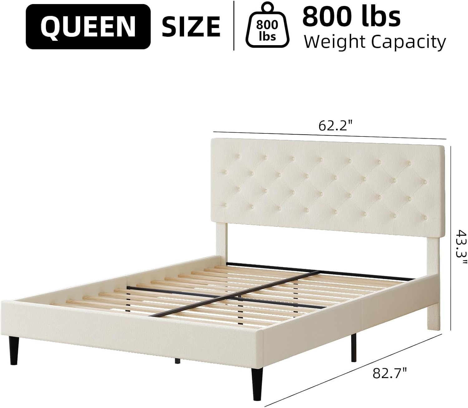HOMBCK Queen Bed Frame, Linen Fabric Upholstered Platform Bed Frame, Button Tufted Bed Frame Queen Size, Wooden Slat Support, No Box Spring Needed, Easy Assembly, Cream