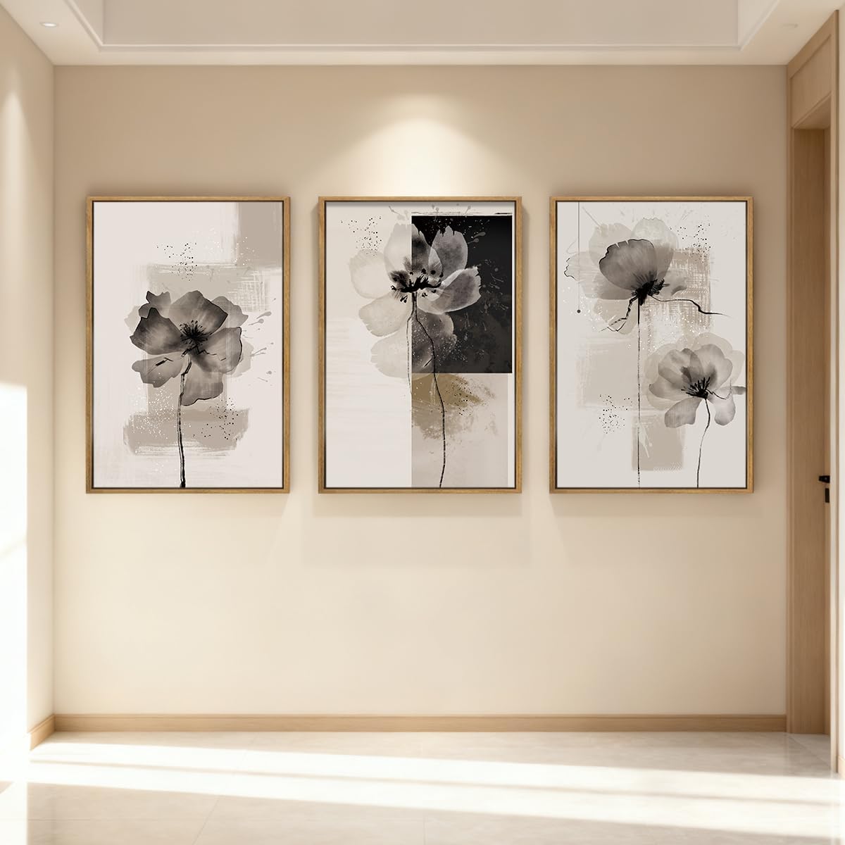 IARTTOP Large Framed Neutral Abstract Wall Art 24x36 Inch Oversized Modern Beige Gray Floral Canvas Wall Decor Minimalist White Flower Art Prints for Living room Bedroom Set of 3