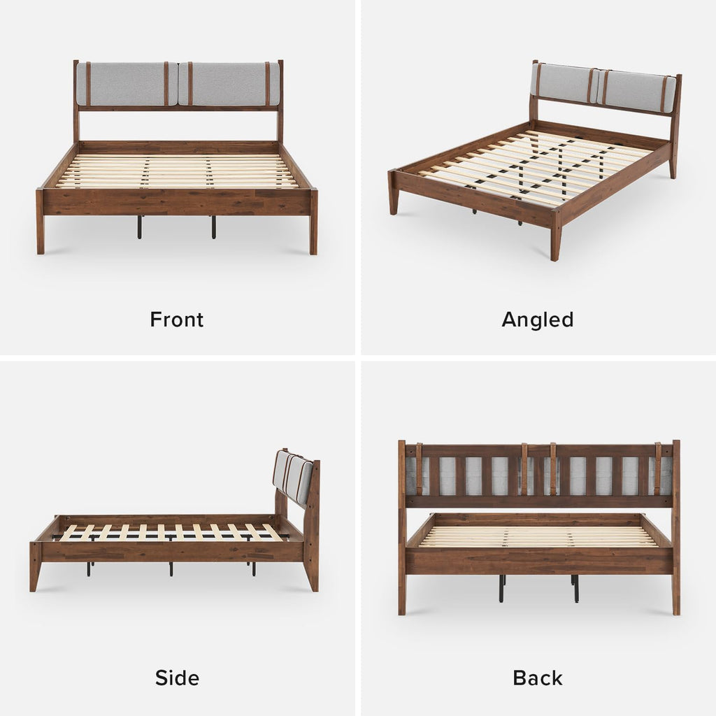 mopio Ted Bed Frame with Headboard, Mid Century Modern Acacia Solid Wood Platform Bed Frame, Wooden Slats, No Box Spring, Double Metal Bar Support (Solid Wood Upholstered, Queen (U.S. Standard))