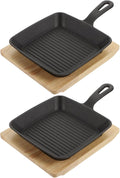 Grill Pan Frying Pan Steak Bacon Pan with Wooden Tray Deep Square Griddle Pan Iron Kitchen Grill Cookware for Steak Fish BBQ 2 Set Wok