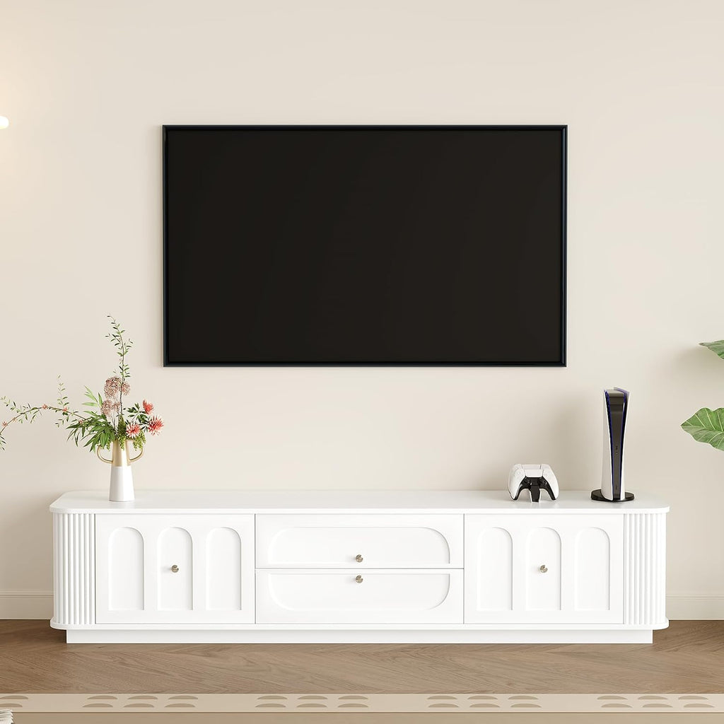 White Tv Stand for Living Room, 70in Media Console with Storage & 3 Drawers & 2 Open Shelves with Sliding Doors, Modern Entertainment Center with Cable Management for Bedroom