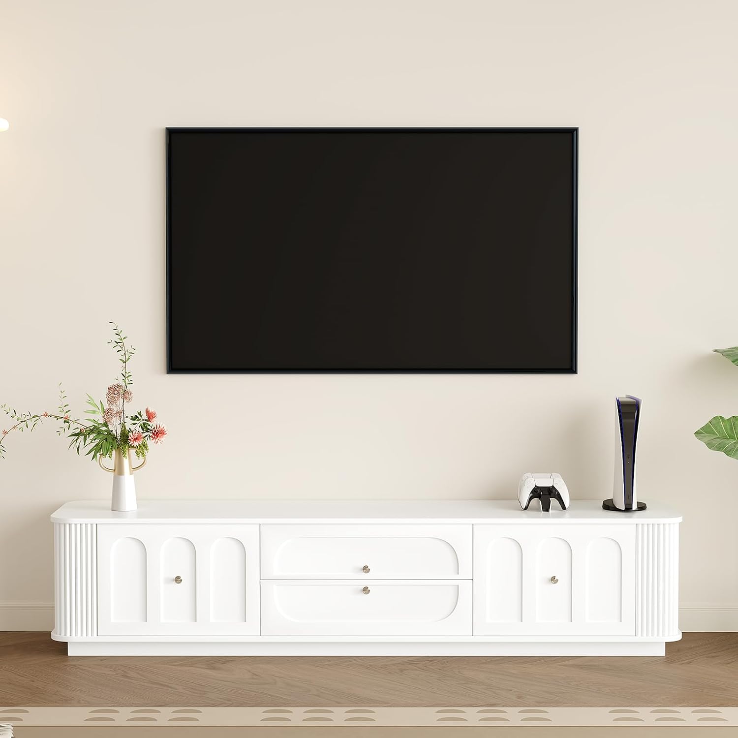 White Tv Stand for Living Room, 70in Media Console with Storage & 3 Drawers & 2 Open Shelves with Sliding Doors, Modern Entertainment Center with Cable Management for Bedroom