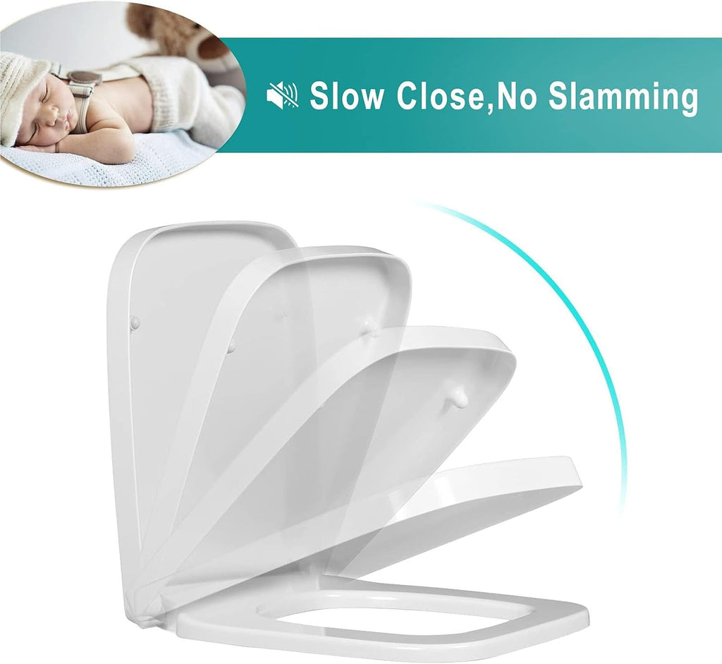 Toilet Seat White Toilet Seat 45X35.5Cm Rounded Square Toilet Seat with Quick-Release Stainless Steel Hinges for Easy to Install Also Easy to Clean, Soft Close Toilet Seat, Pp