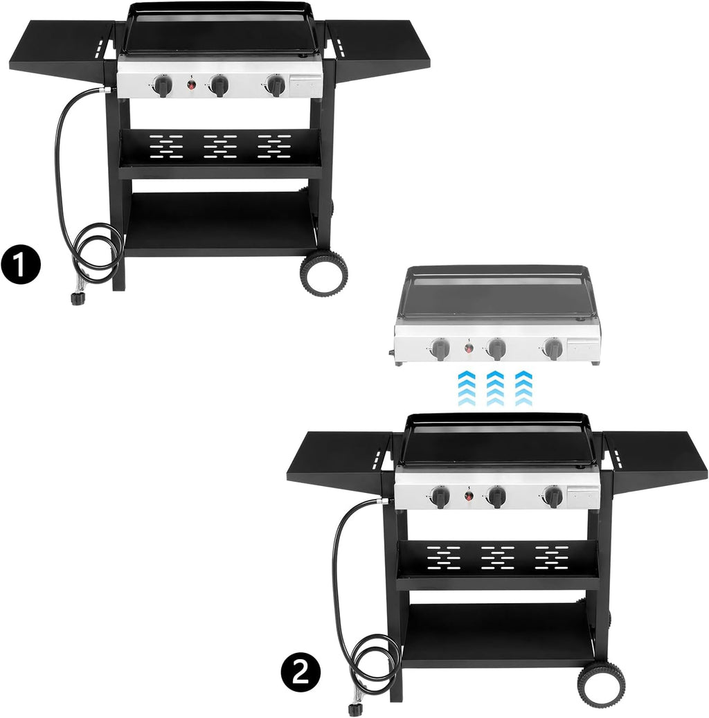 Flat Top Grill with Ceramic Coated Pan, 3 Burner Propane Griddle Station with Rear Grease Management, 30,000 BTU Gas Griddle with 2 Shelves for Outdoor Cooking, Backyard