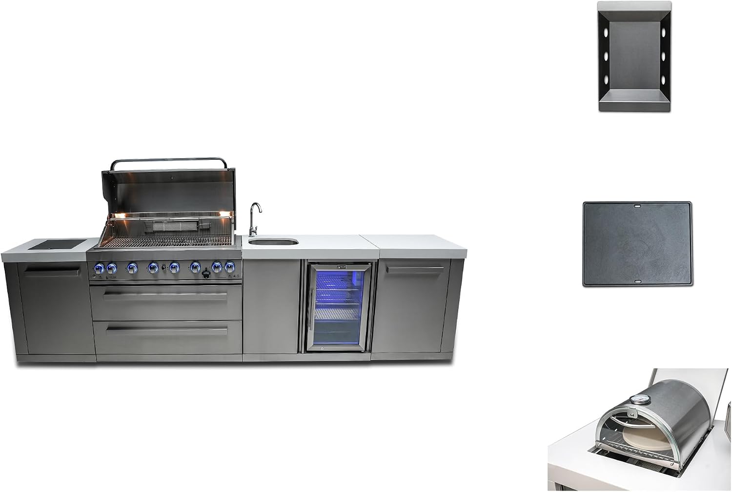 Mont Alpi Premium 132'W Stainless Steel Outdoor Kitchen Island with 44'W 6-Burner BBQ Gas Grill + Beverage Center Faucet & Sink + Refrigerator + Side Burner Pizza Oven + Charcoal Tray + Griddle Plate