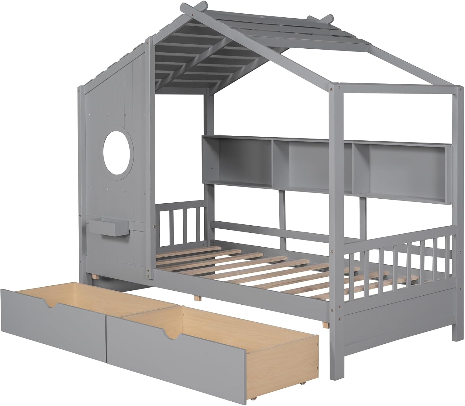 MERITLINE Twin Size Kids House Bed with 2 Drawers and Storage Shelf, Wooden Kids Montessori Bed Frame (Grey)