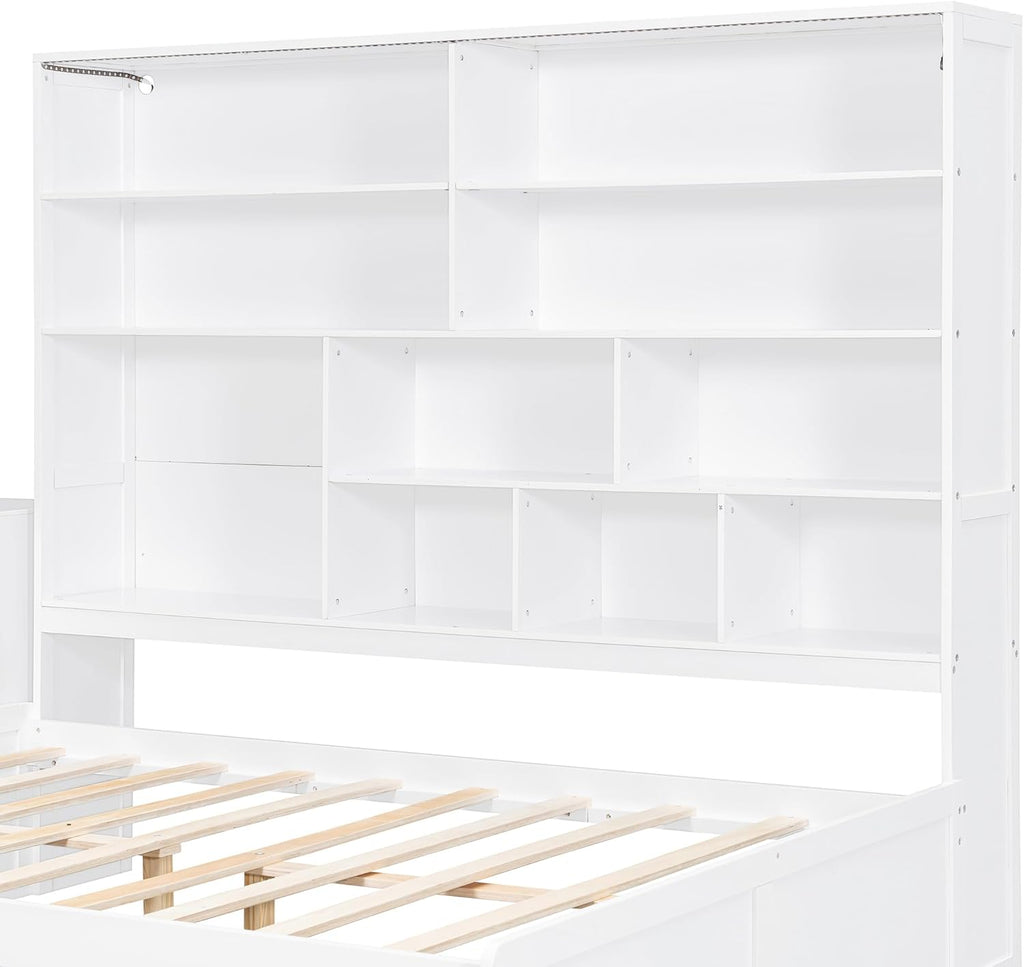 KLMM Full Size Wooden Daybed with Three Drawers,Desk,Shelves and Lights,for Kids Teens Adults Bedroom Use (White/Drawers, Full)