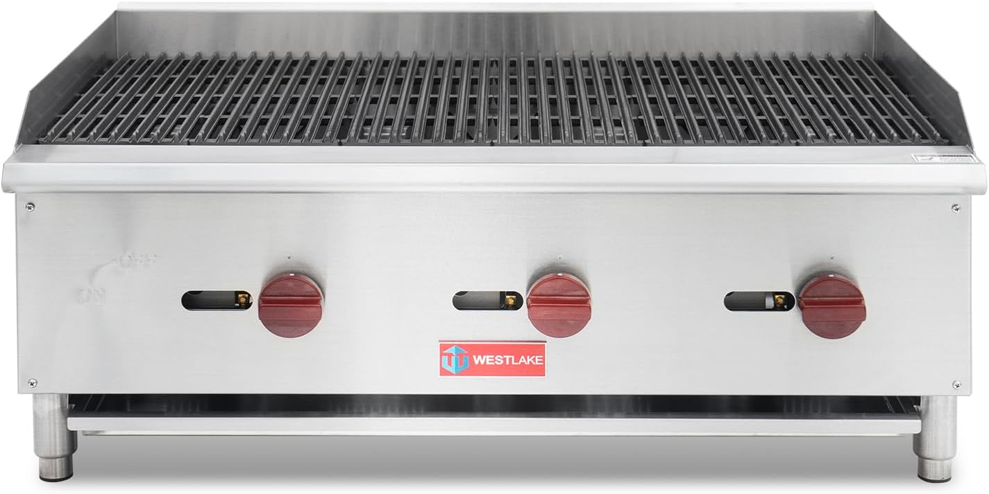 WESTLAKE 36'W Commercial Charbroiler Gas Countertop 3 Burner Natural Gas and Propane 90,000 BTU Char Broiler Stainless Steel BBQ Stove Grill for Restaurants