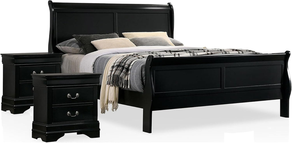 Furniture of America Hypatia Transitional Wood 3-Piece Set, Sleigh Panel Bed and 2-Drawer Nightstand for Bedroom, Queen, Black