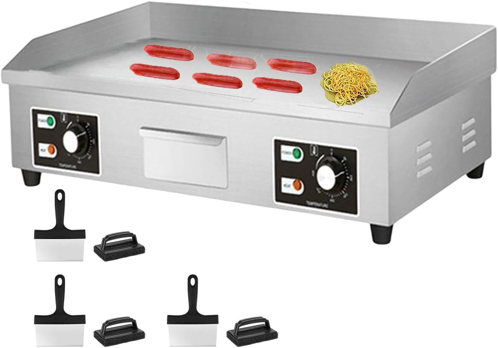 Commercial Electric Flat Top Grill, Stainless Steel Griddle with 3 Cleaning Scoops and 3 Cleaning Brushes for Family Gatherings Or Restaurants,122℉-572℉,3500W