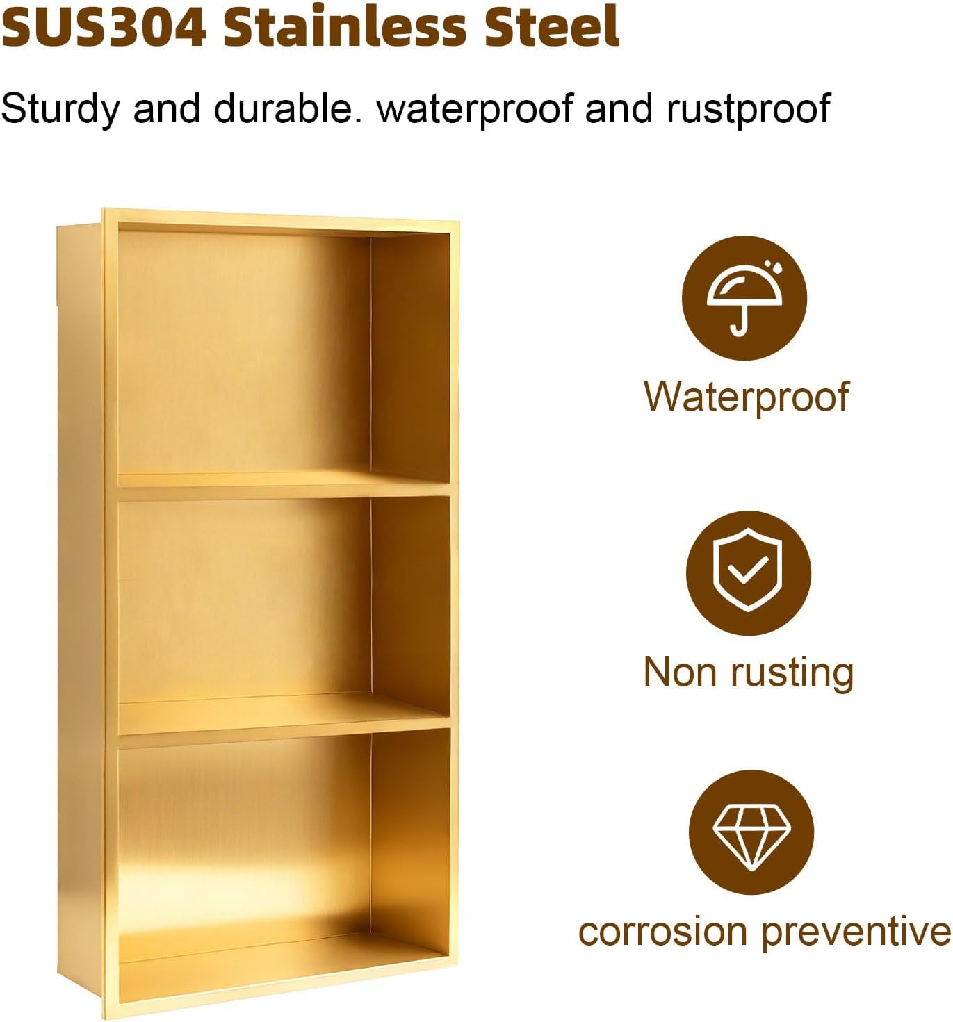 SaniteModar Shower Niche, Stainless Steel Shower Niche No Tile Needed, Recessed for Bathroom Storage (Brushed Gold, 12' x 30')