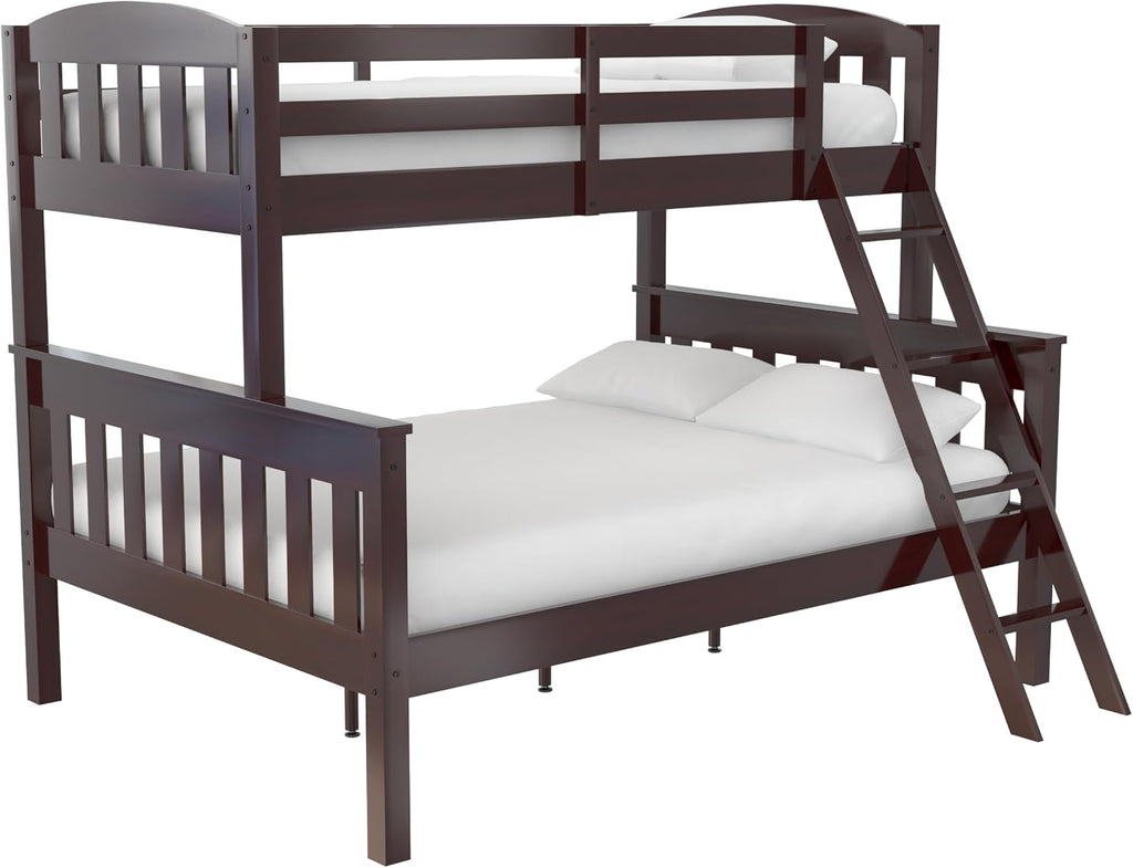 DHP Airlie Convertible Wood Bunk Bed Twin Over Full Size, Stackable and Detachable Bed Frames for Kids, Teens, Angled Ladder, High Guardrail, Wood Slats, No Boxspring Required, Espresso