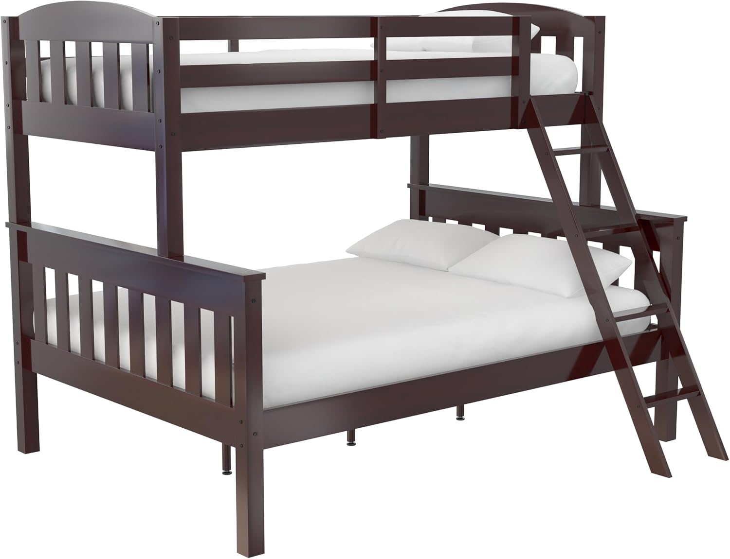 DHP Airlie Convertible Wood Bunk Bed Twin Over Full Size, Stackable and Detachable Bed Frames for Kids, Teens, Angled Ladder, High Guardrail, Wood Slats, No Boxspring Required, Espresso