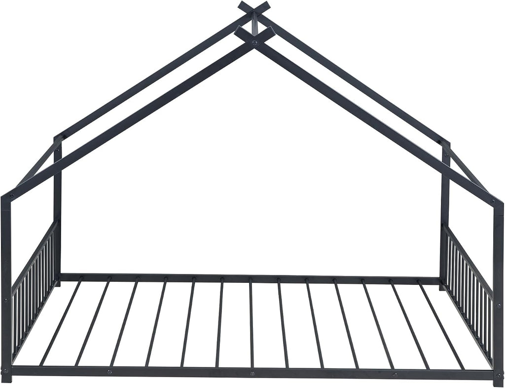 Bellemave Full Floor BedFrame with Slats for Kids, Metal Montessori Floor Beds, Full House Bed for Kids, Black with roof