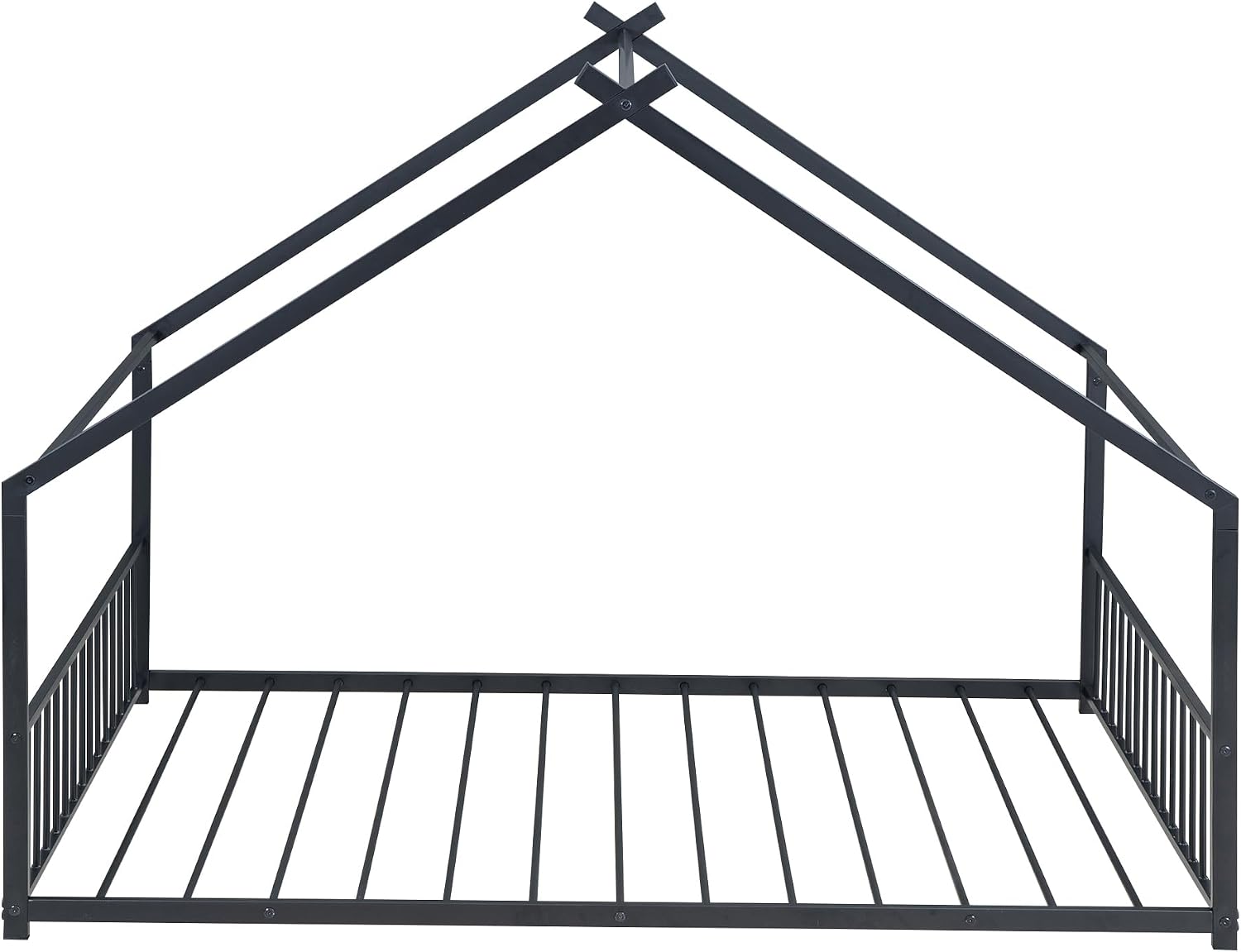 Bellemave Full Floor BedFrame with Slats for Kids, Metal Montessori Floor Beds, Full House Bed for Kids, Black with roof